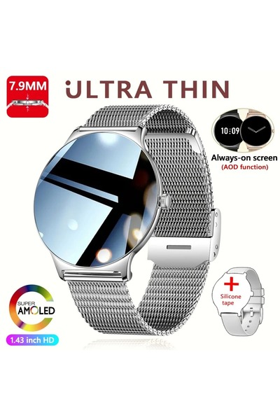 Choice شبكة فضية لساعة ذكية جديدة فائقة النحافة بتقنية AMOLED للنساء، تعرض ال...