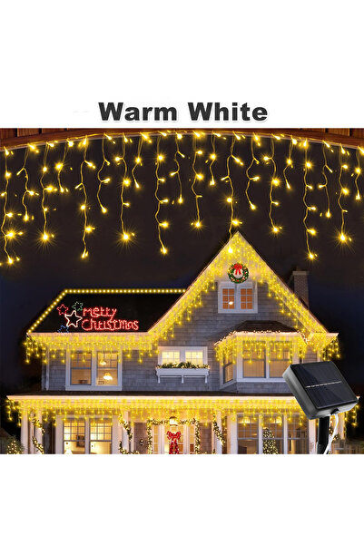 Choice 3.5M 96Leds Warm White Solar Icicle String Lights 8 Modes Outdoor Sola...