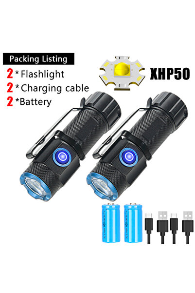 Heinast قطعتان من مصباح يدوي صغير فائق السطوع P50 مزود ببطارية ومشبك قلم ومغن...