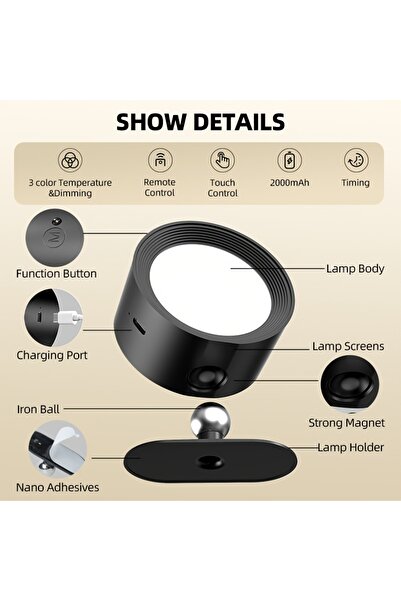 Choice black 2pcs LED Wall Light Night Rechargeable 2000mAh 360° Rotation Tou...