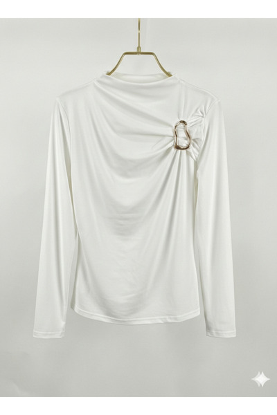 Potenza Women's Blouse with Gold Buckle Detail, Gathered Long Sleeves, Sandy ...