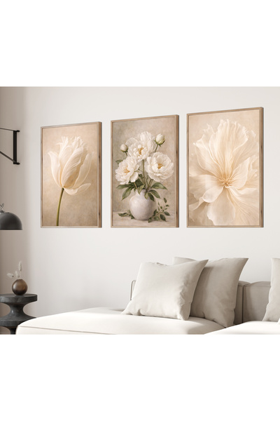 TekTablo Krem Tonlarda Çiçekli 3’lü Tablo Seti – Ahşap Çerçeveli, Modern & Mi...