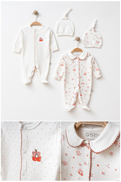 🍒 %100 Pamuk İnterlok kumaş Baskılı & Nakışlı Kız Bebek Tulum & Bere Set (4 Parça)
