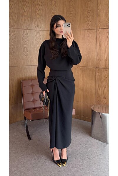 HAZELANNA Drapeli Skirt-Blouse Black Set