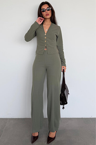 Madmext Khaki Buttoned Soft Touch Double Cardigan Trouser Set Mg2651