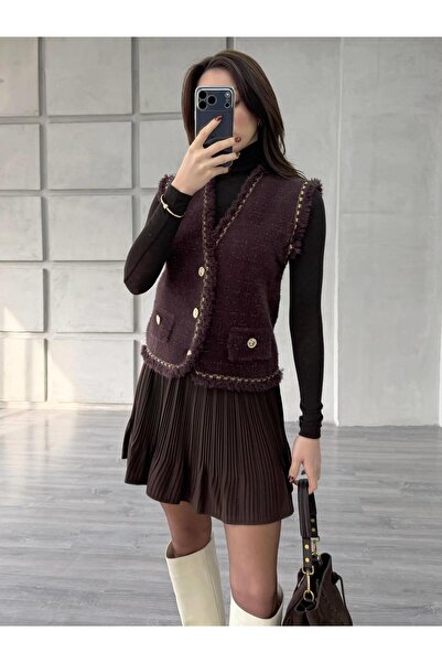 Coral Sim Detaylı Peluş Yelek 140428 Kahve