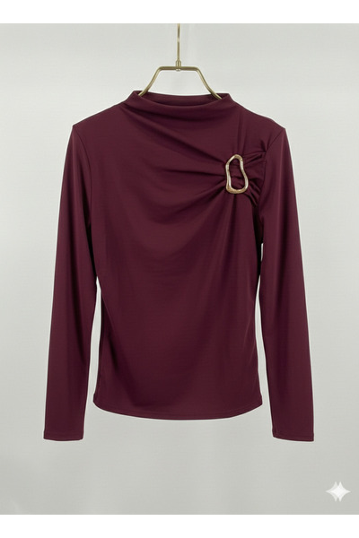 Potenza Women's Blouse with Gold Buckle Detail, Gathered Long Sleeves, Sandy ...