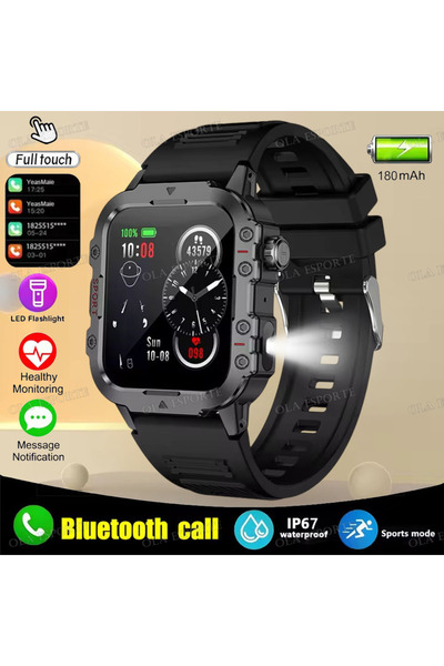 Choice ساعة ذكية عسكرية جديدة للرجال، مزودة بمصباح يدوي، لون أسود، إصدار 2025...