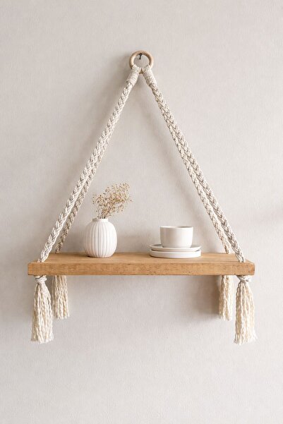 VOBU HOME & LIFE DESIGN Bohem Tarz Makrome Örgü Detaylı Doğal Ahşap Raf - Boh...