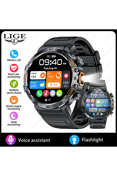 Lige ساعة ذكية سوداء موديل 2025 للرجال، ساعة رياضية، مزودة بمصباح LED، شاشة ف...
