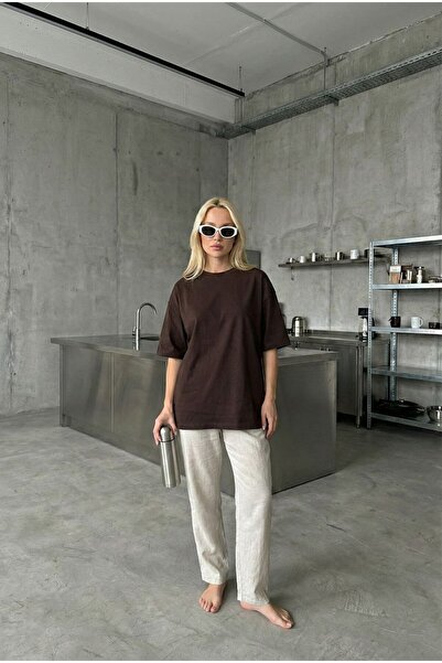 HepsitrentStore Two Thread Basic Oversize Brown T-Shirt