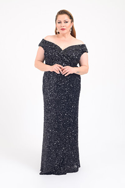 LİLAS XXL Women's Plus Size Madonna Collar Full Stone and Sequined Long Eveni...