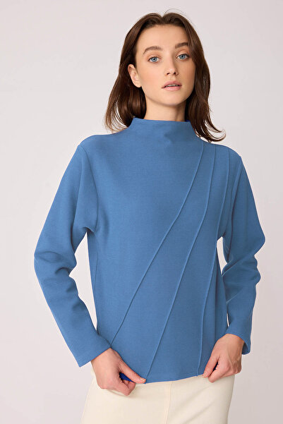 Vitrin Stand Collar Front Stitched Back Zipper Blouse