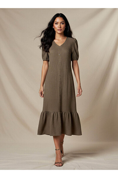 FAV Textured Midi Shirt Dress with Puff Sleeves