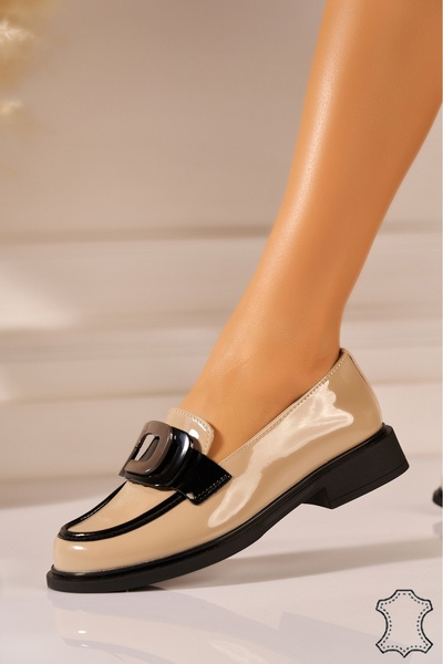 Joana Beige Patent Leather Women's Loafers Size 38