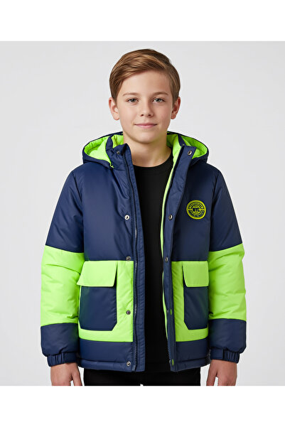 Pine kids Woven Full Sleeves Badge Detail Hooded Padded Jacket - Navy Blue/Green