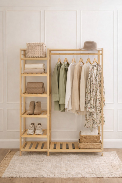 Handmade “Doğal Ahşap Açık Gardırop | Askılı & Raflı Minimal Elbise Askılığı”