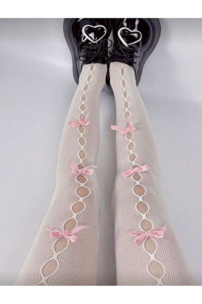 La Saade Y2K Kawai Pink Bow White Long Socks