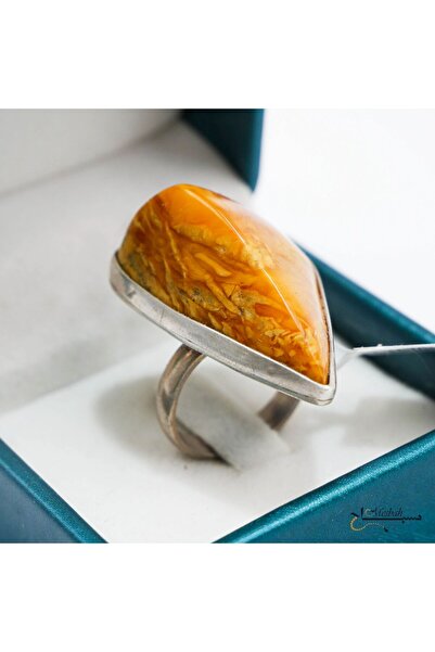 Generic خاتم مصنوع يدويًا من كهرمان البلطيق الأصلي - كهرمان أصفر طبيعي في إطا...