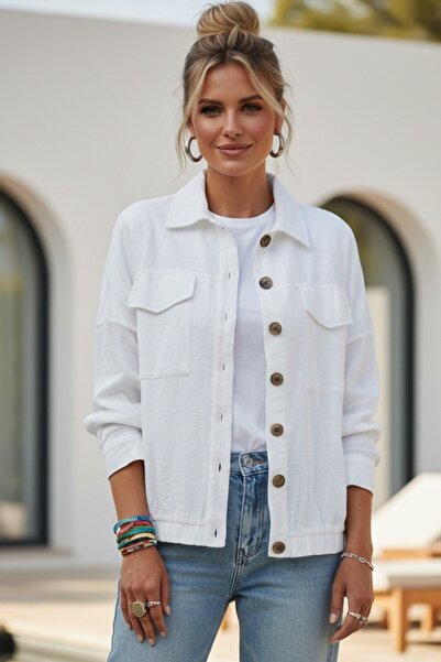 Chiccy White Shirt Collar Cuffed Sleeves Double Flap Pockets Casual Linen-Loo...