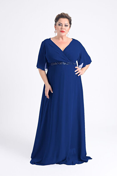 LİLAS XXL Women's Plus Size Long Chiffon Evening Dress 9510 Navy Blue