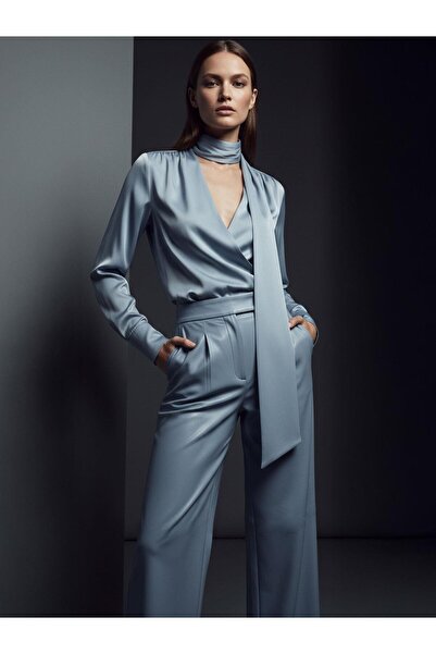 RİVUS Scarf Collar Satin Shirt Blouse - Blue