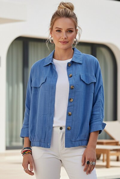 Chiccy Blue Shirt Collar Cuffed Sleeves Double Flap Pockets Casual Linen Look...