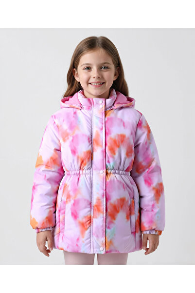 Pine kids جاكيت مبطن بغطاء رأس وجيب، بأكمام طويلة منسوجة بتقنية التاي داي - وردي