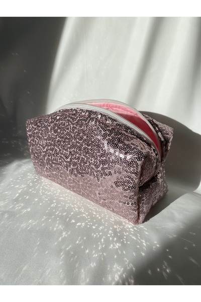 MARSENİA Pullu Gümüş Makyaj Çantası Büyük Boy