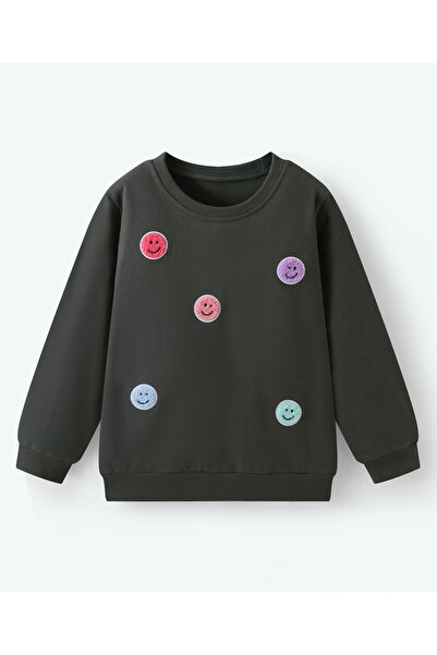 SAPS سويت شيرت بأكمام طويلة مزين برقعة وجه مبتسم - رمادي