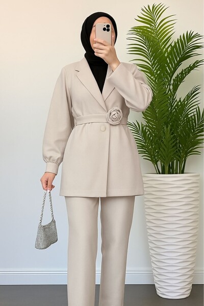 Kirazgym Women's Belted Rose Detailed Double-Breasted Collar Jacket and Trous...