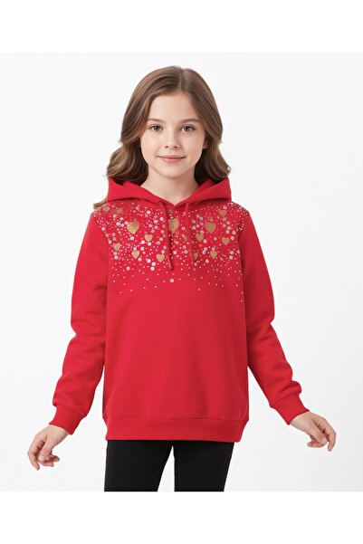 Pine kids سويت شيرت قطني محبوك بأكمام طويلة وغطاء رأس مزين بقلوب - أحمر