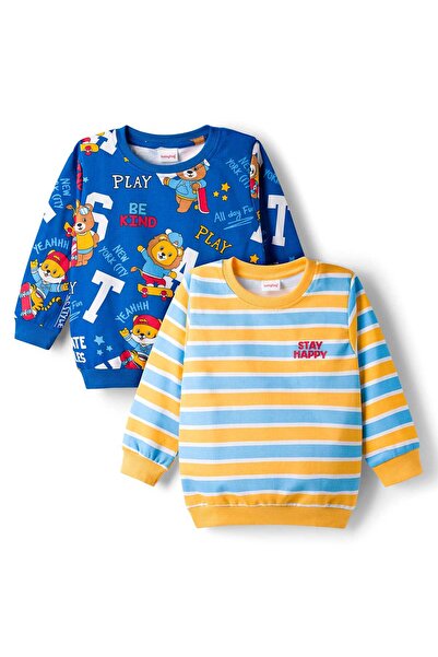 Babyhug Cotton Knit Full Sleeves Striped Sweatshirts with Animal Print (Pack ...