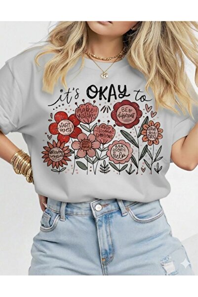 FAVORİST Tricou din bumbac cu mânecă scurtă it's Okay To Flowers