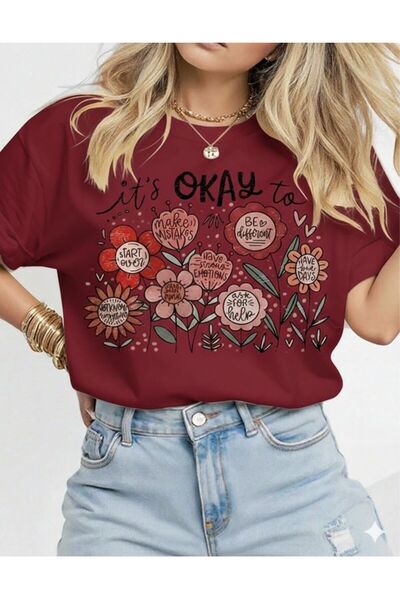 FAVORİST Tricou din bumbac cu mânecă scurtă it's Okay To Flowers