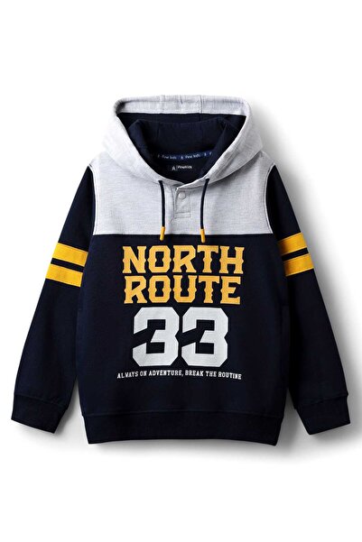 Pine kids Cotton Knit Full Sleeves Hooded Sweatshirt with Text Print - Navy Blue