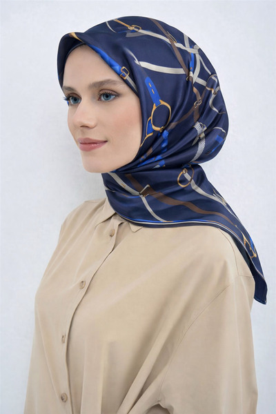 Armine Sura Pure Silk Scarf 9517 - 03 Navy Blue Belt Pattern