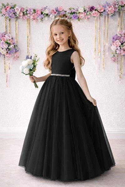 SUNEH Κοριτσίστικο μαύρο φόρεμα από τούλι με πέρλες στη μέση και σατέν φιόγκο...