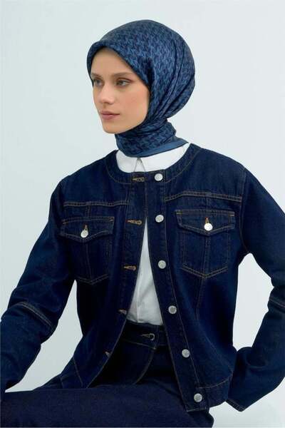 Armine Sura Pure Silk Scarf 9556 - 54 Navy Blue Logo Pattern