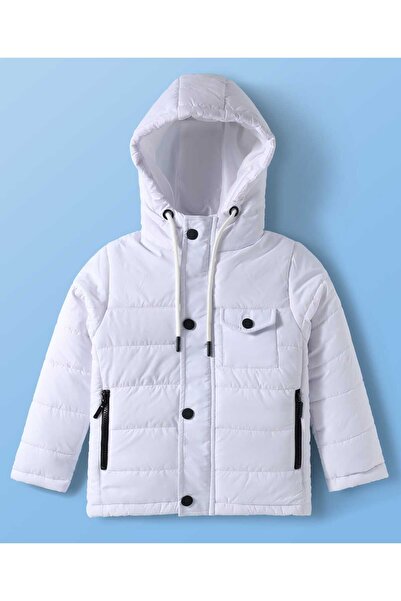 Pine kids Woven Full Sleeves Solid Color Hooded Padded Jacket - White