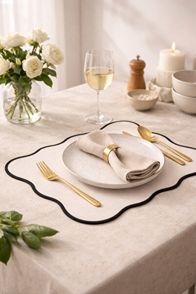 DİVAYS 2’li Keten Amerikan Servis Seti Siyah Biyeli Dalgalı Kenar Beyaz Supla...