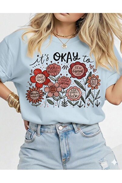FAVORİST It's Okay to Flowers Short Sleeve Cotton Tshirt