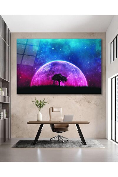 idealizbiz Pictură abstractă din sticlă cu lună și copac, modernă, pentru aca...
