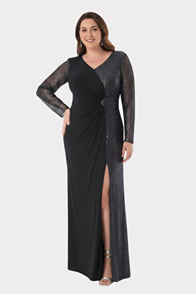 LİLAS XXL Women's Plus Size V-Neck Stone Detailed Long Evening Dress 2559 Black