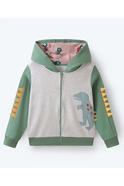 SAPS Dino Patched Full Sleeves Sweatjacket - Grey/Green