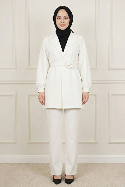 Kirazgym Women's Belted Rose Detailed Double-Breasted Collar Jacket and Trous...