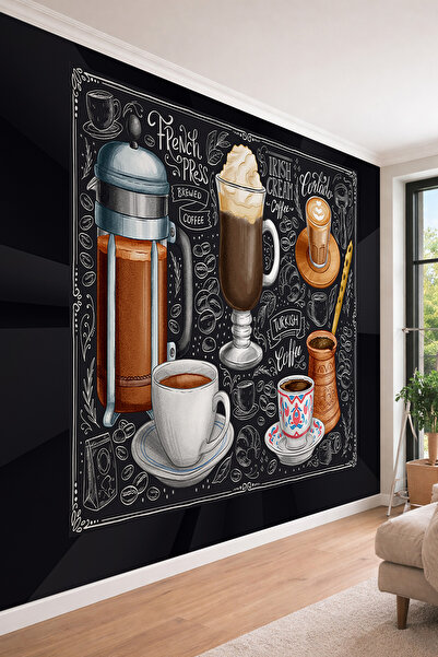 dreamwall Chalkboard French Press ve Türk Kahvesi Desenli Tek Parça Duvar Kağıdı