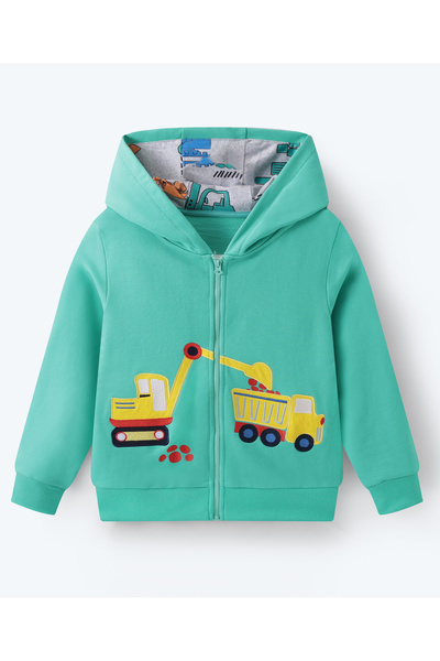 SAPS Cotton Construction Vehicle Embroidered Hooded Jacket - Green