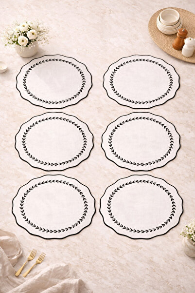 DİVAYS 6’lı Yuvarlak Beyaz Siyah Nakışlı Keten Amerikan Servis Supla Seti 37 cm