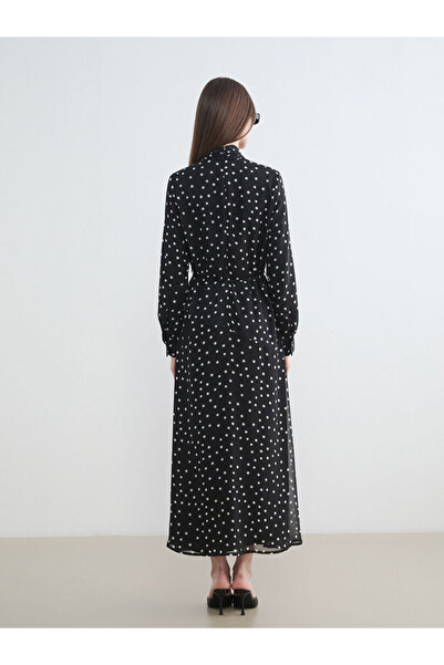 LC Waikiki MG TRENDEN Μαύρο φόρεμα σε γραμμή Α με ζώνη, μέγεθος Πουά ψηλός λα...